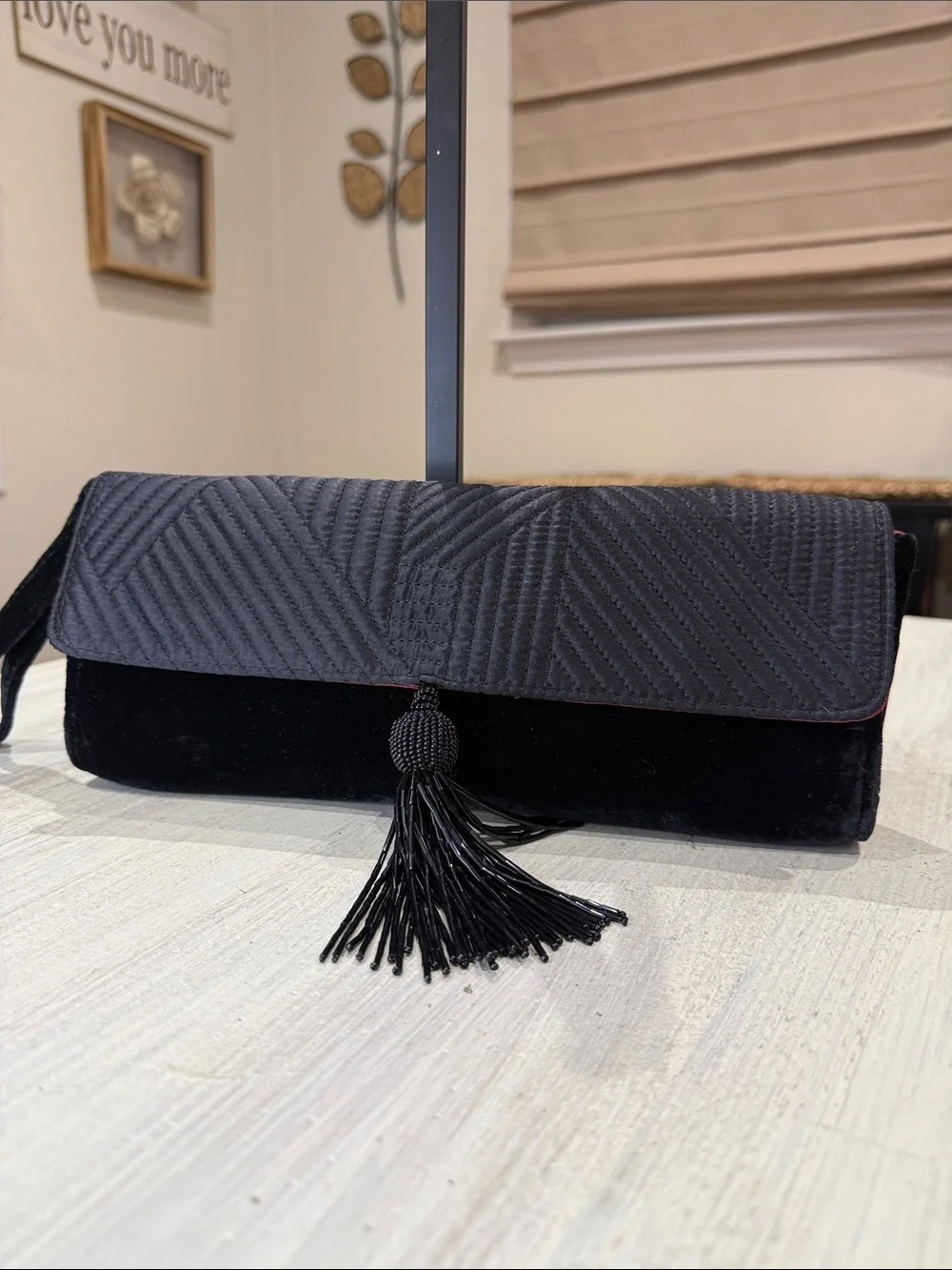 Vintage Black Velvet Fold-Over Clutch with Decorative Tassel